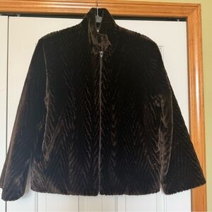 St. John Coat Collection Chocolate Brown Faux Fur Herringbone Jacket XS